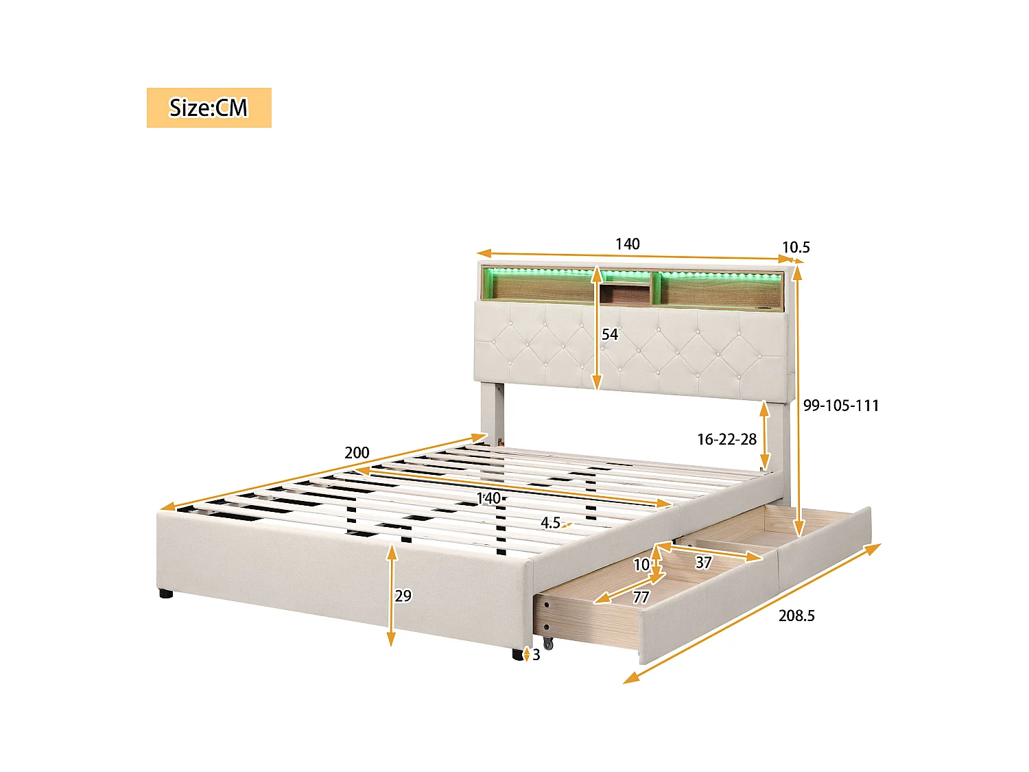 Lit adulte double 140x200 cm avec 2 tiroirs - tête de lit réglable en hauteur et USB et LED - lin - beige (sans matelas)