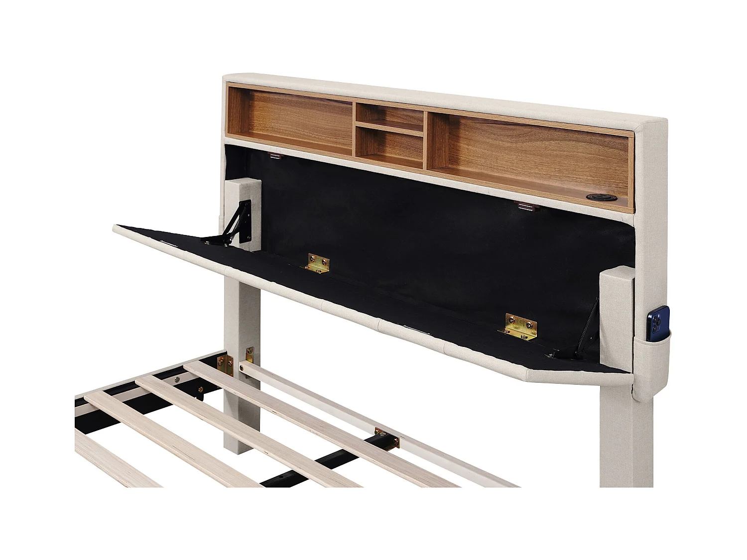 Lit adulte double 140x200 cm avec 2 tiroirs - tête de lit réglable en hauteur et USB et LED - lin - beige (sans matelas)