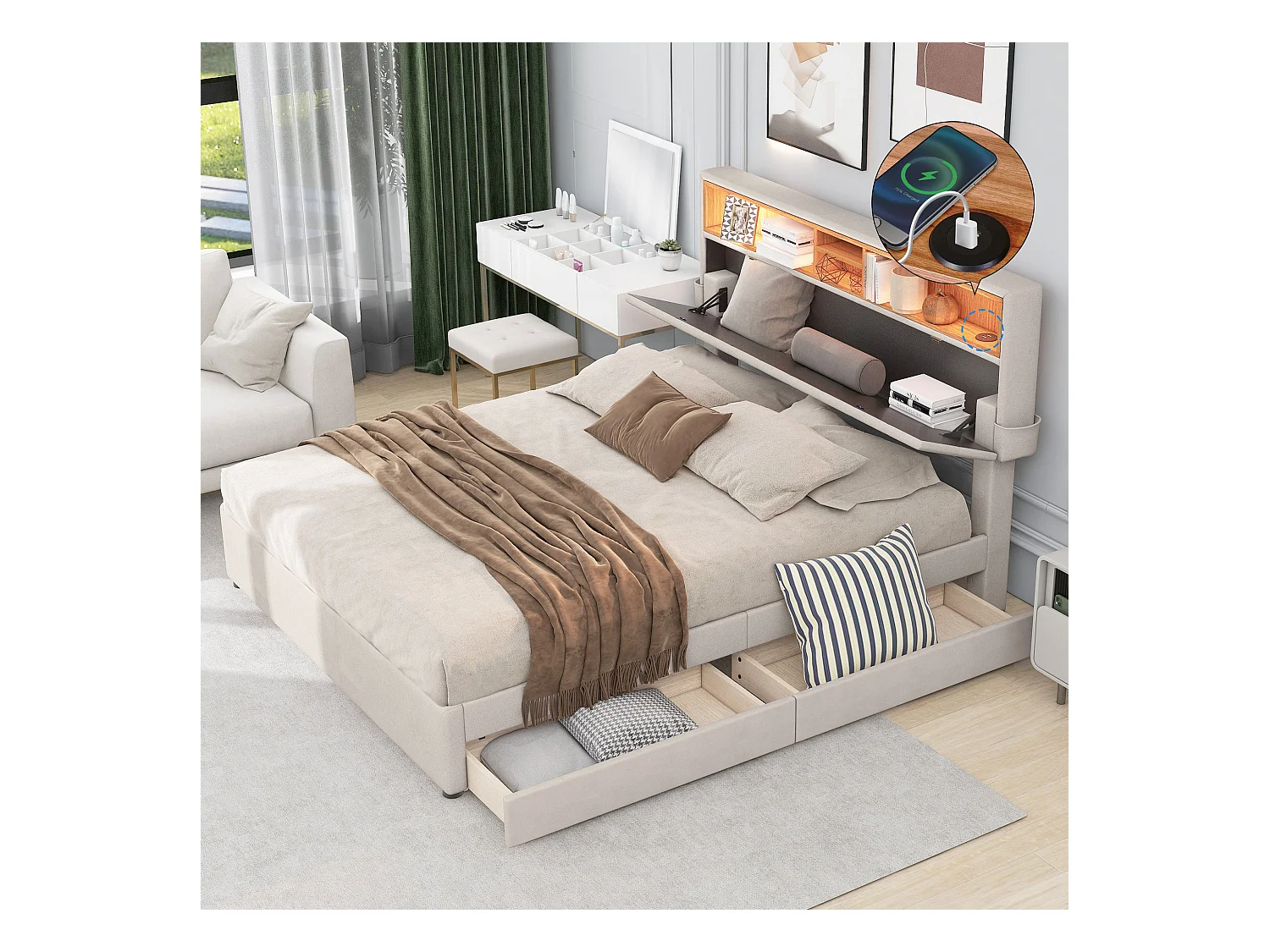Lit adulte double 140x200 cm avec 2 tiroirs - tête de lit réglable en hauteur et USB et LED - lin - beige (sans matelas)