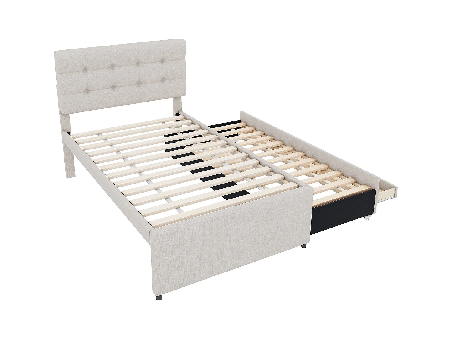 Kinderbed 90x200cm met lattenbodem - in hoogte verstelbaar hoofdeinde en 3 lades - linnen - beige (zonder matras)