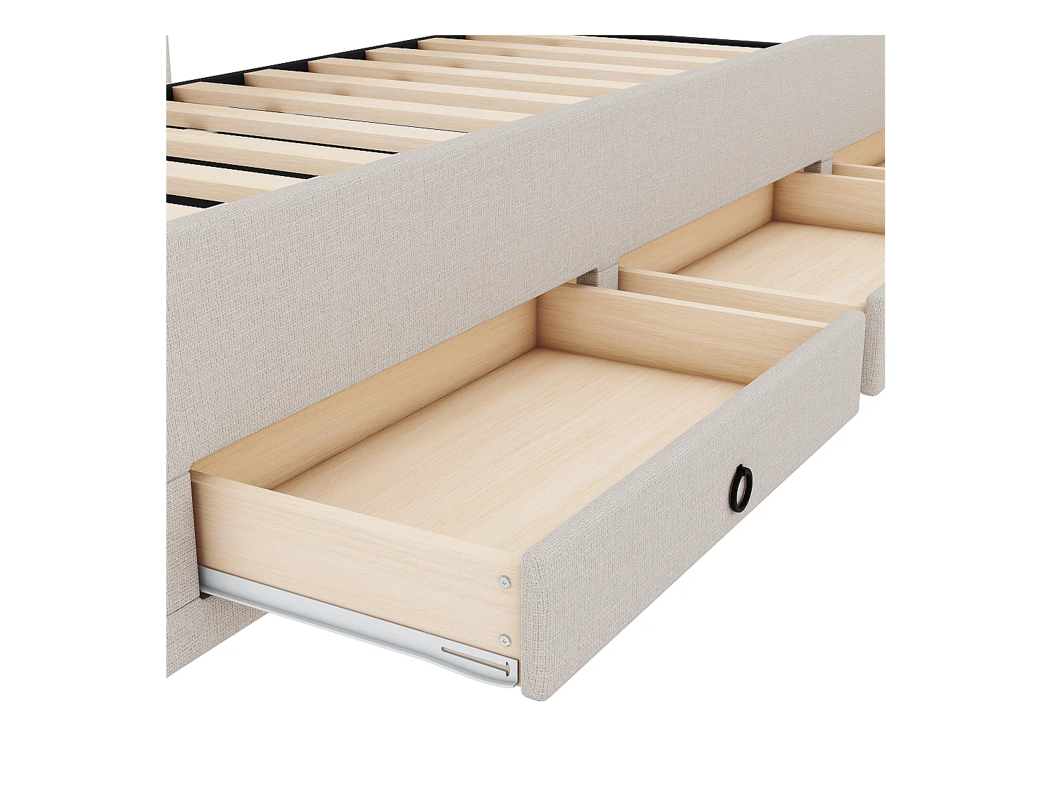 Kinderbed 90x200cm met lattenbodem - in hoogte verstelbaar hoofdeinde en 3 lades - linnen - beige (zonder matras)