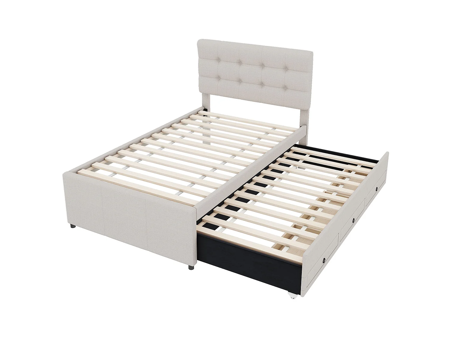 Kinderbed 90x200cm met lattenbodem - in hoogte verstelbaar hoofdeinde en 3 lades - linnen - beige (zonder matras)