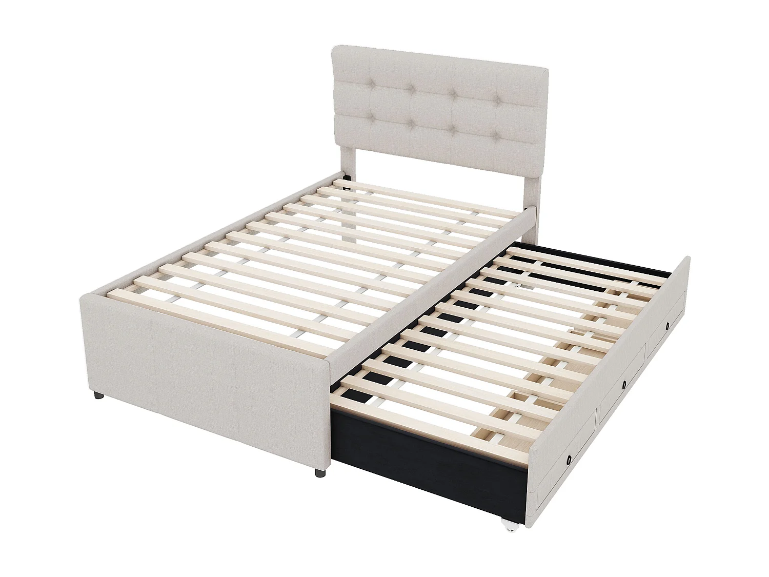 Lit gigogne enfant 90x200cm avec sommier - tête de lit réglable en hauteur et 3 tiroirs - lin - beige (sans matelas)