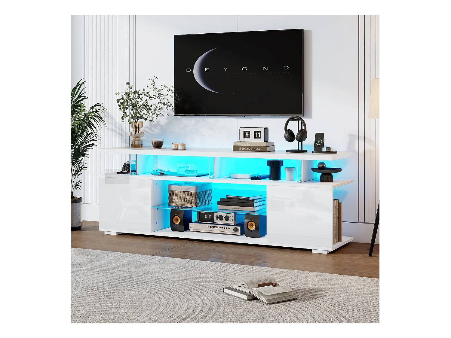 Meuble TV 150x40x53 cm LED bois meuble de rangement ouvert étagères en verre - blanc