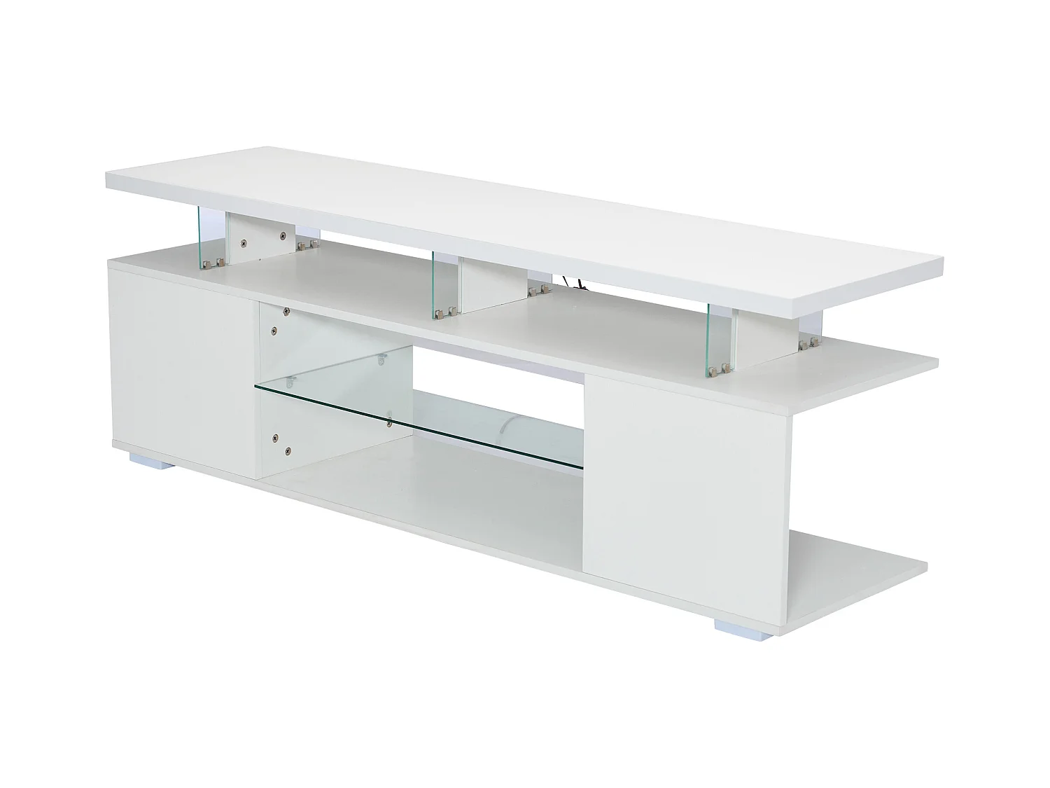 Meuble TV 150x40x53 cm LED bois meuble de rangement ouvert étagères en verre - blanc