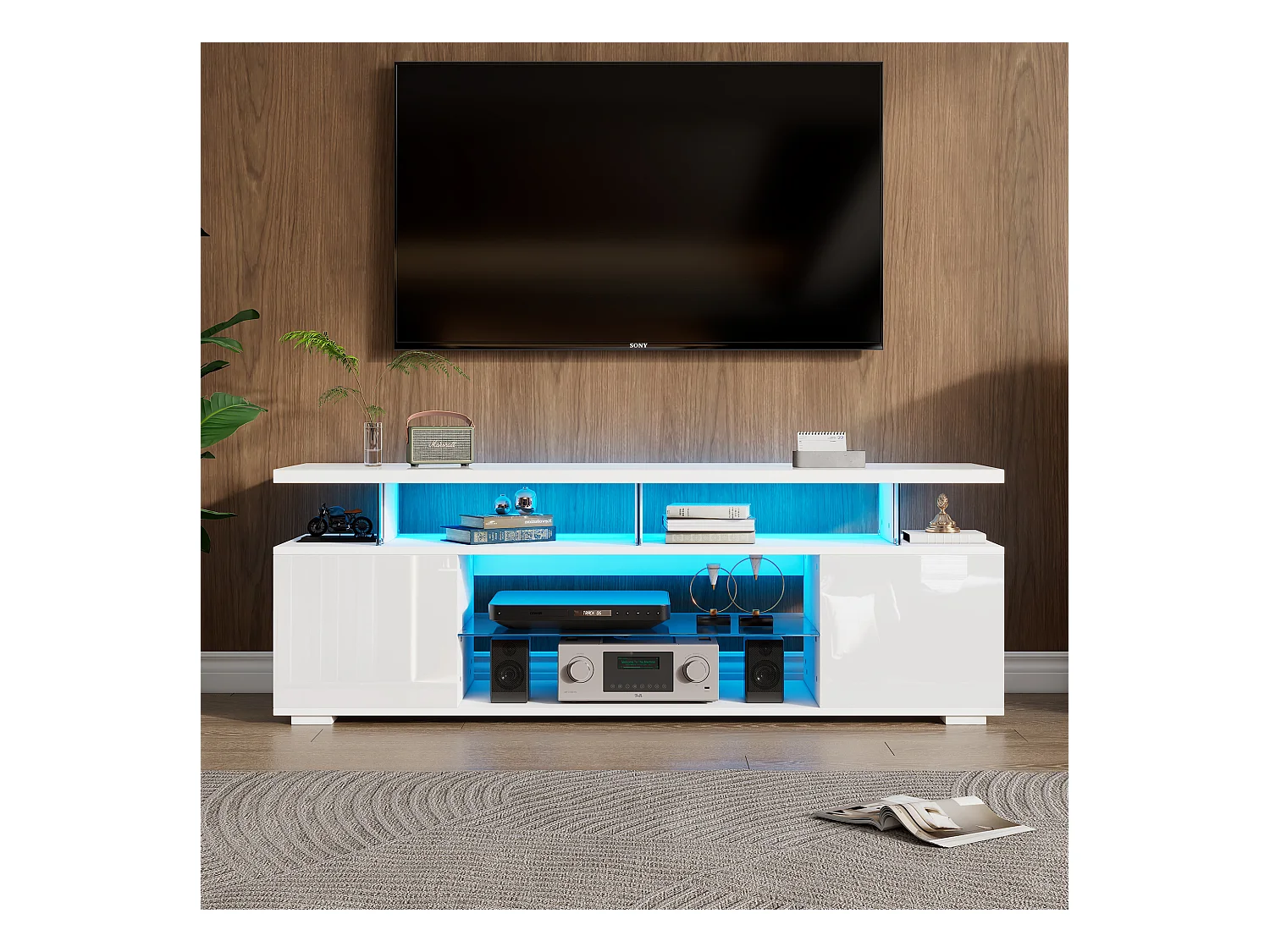 Meuble TV 150x40x53 cm LED bois meuble de rangement ouvert étagères en verre - blanc