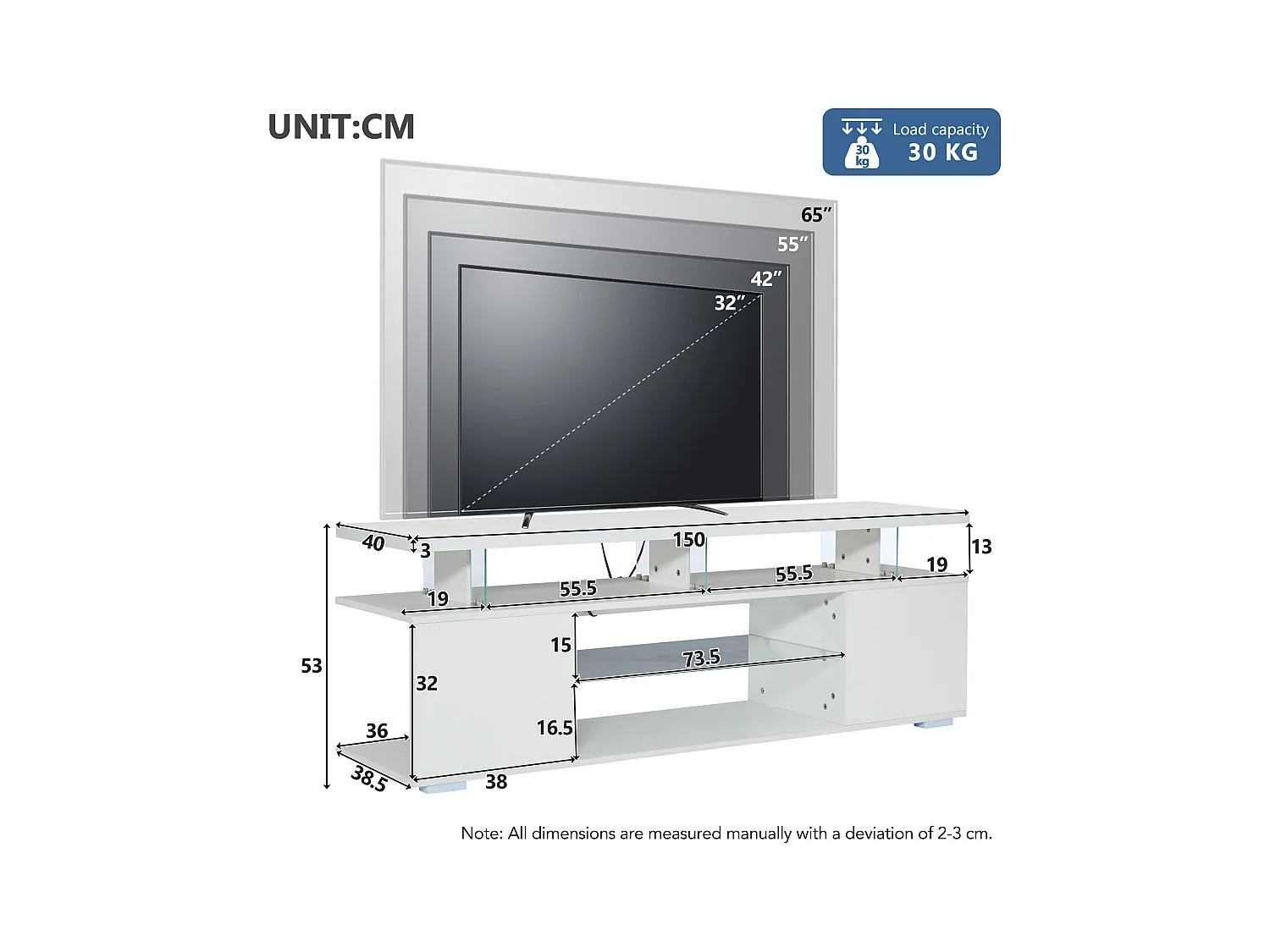 Meuble TV 150x40x53 cm LED bois meuble de rangement ouvert étagères en verre - blanc