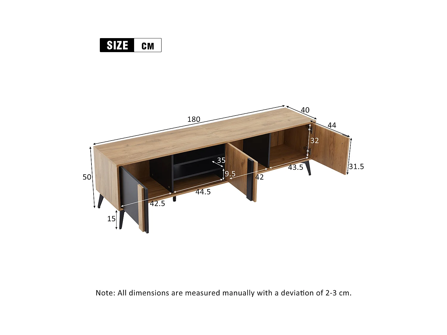 Meuble TV 180x40x50 cm avec 3 portes meuble de rangement en bois - marron