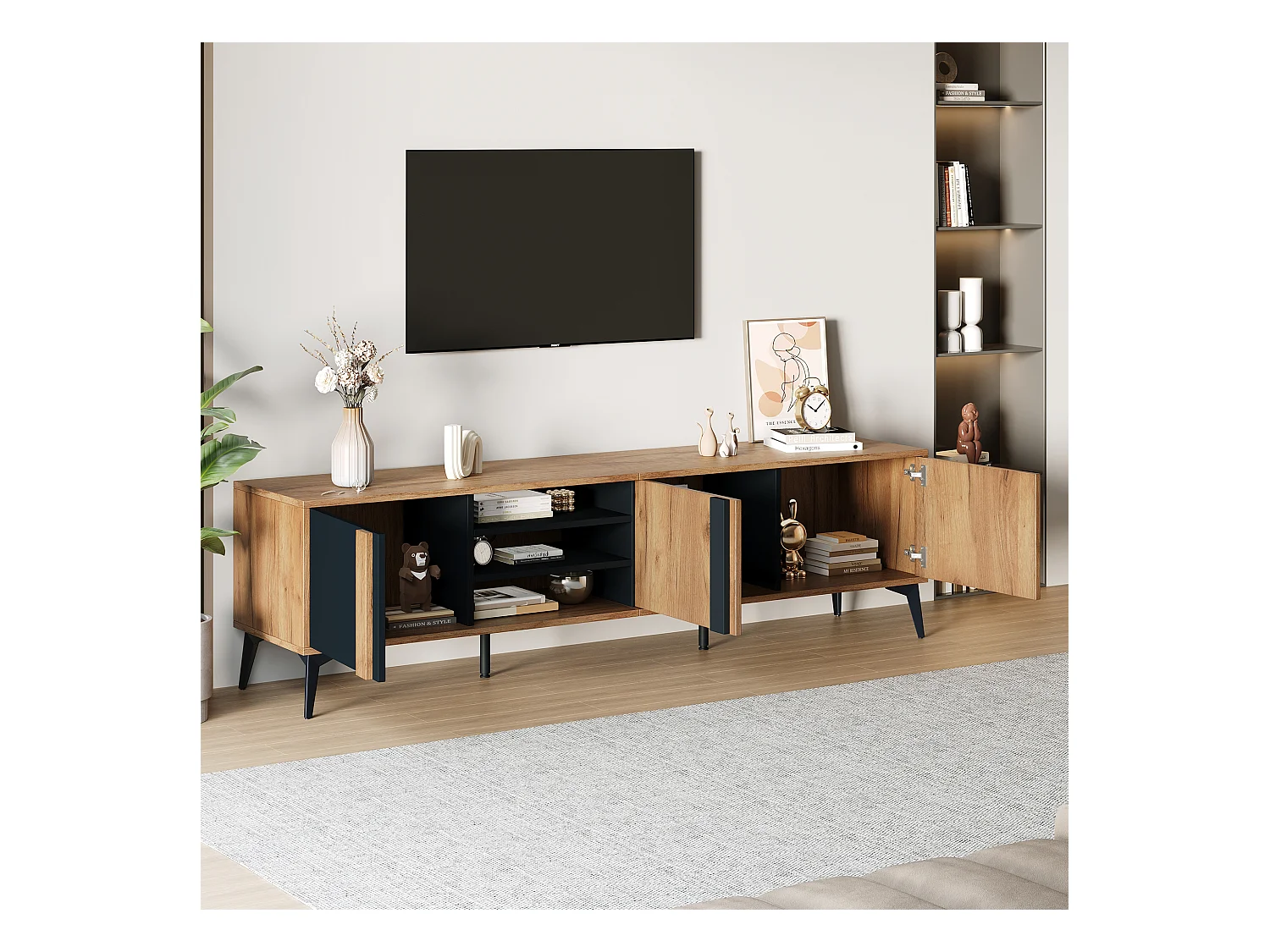 Meuble TV salon avec 3 portes meuble de rangement en bois - marron (180x40x50 cm)