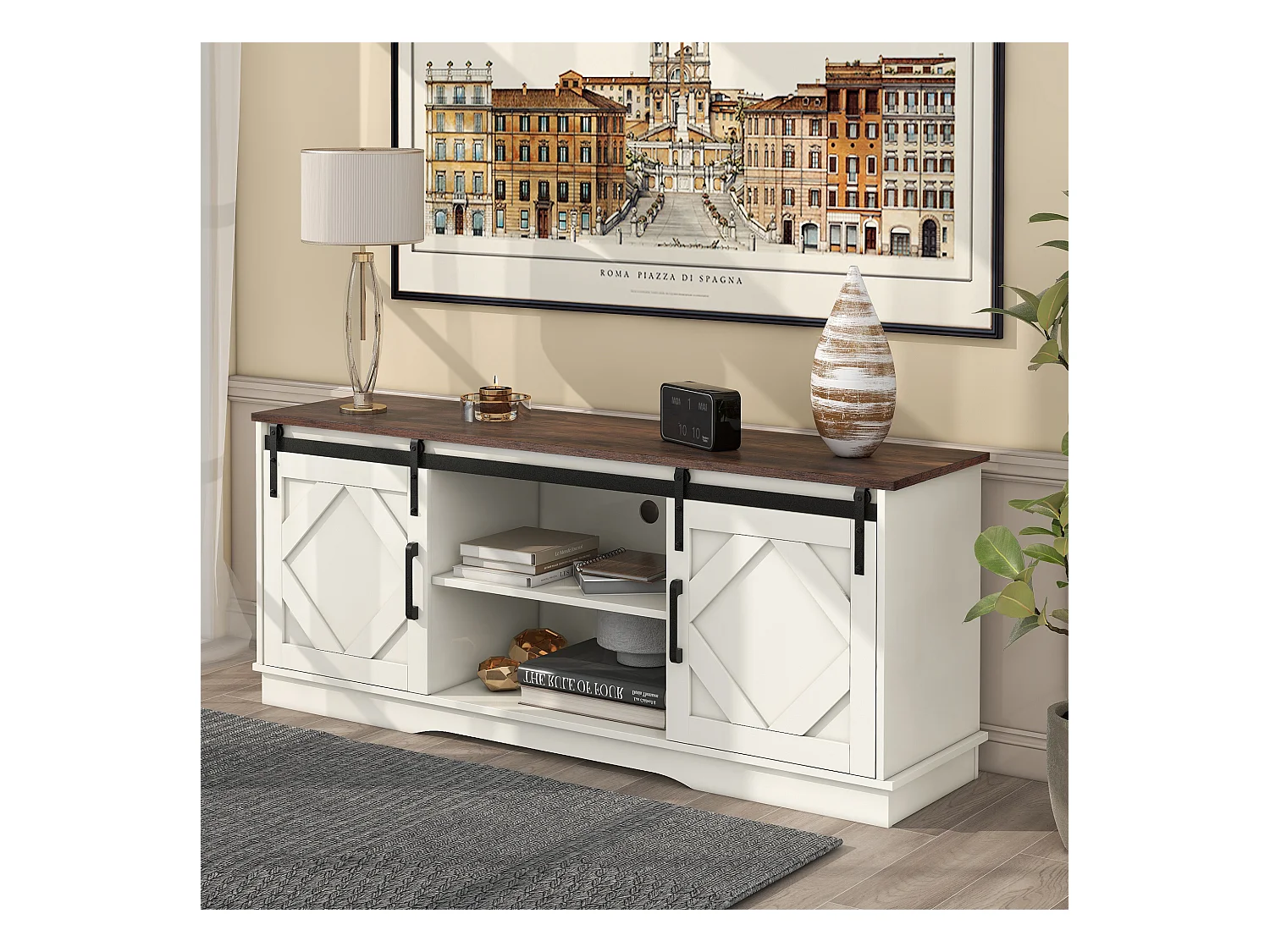 Meuble TV 150x40x60 cm salon 2 portes coulissantes et rangement ouvert en bois - étagères réglables - blanc