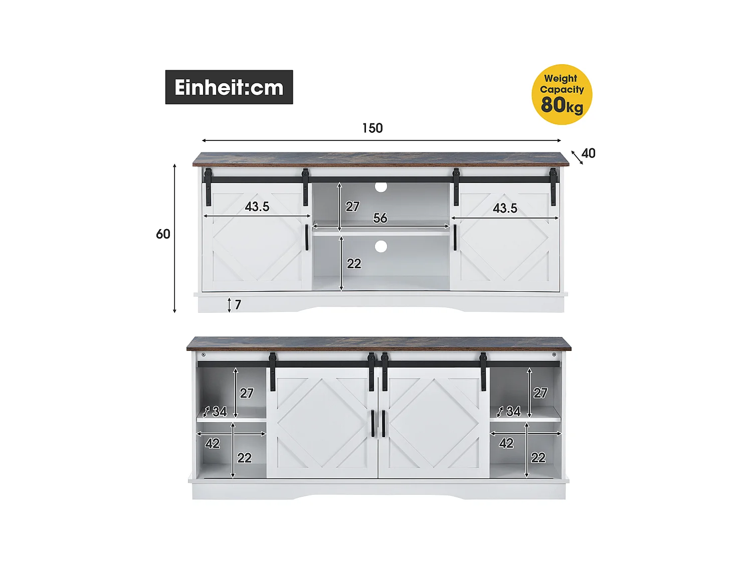 Meuble TV 150x40x60 cm salon 2 portes coulissantes et rangement ouvert en bois - étagères réglables - blanc