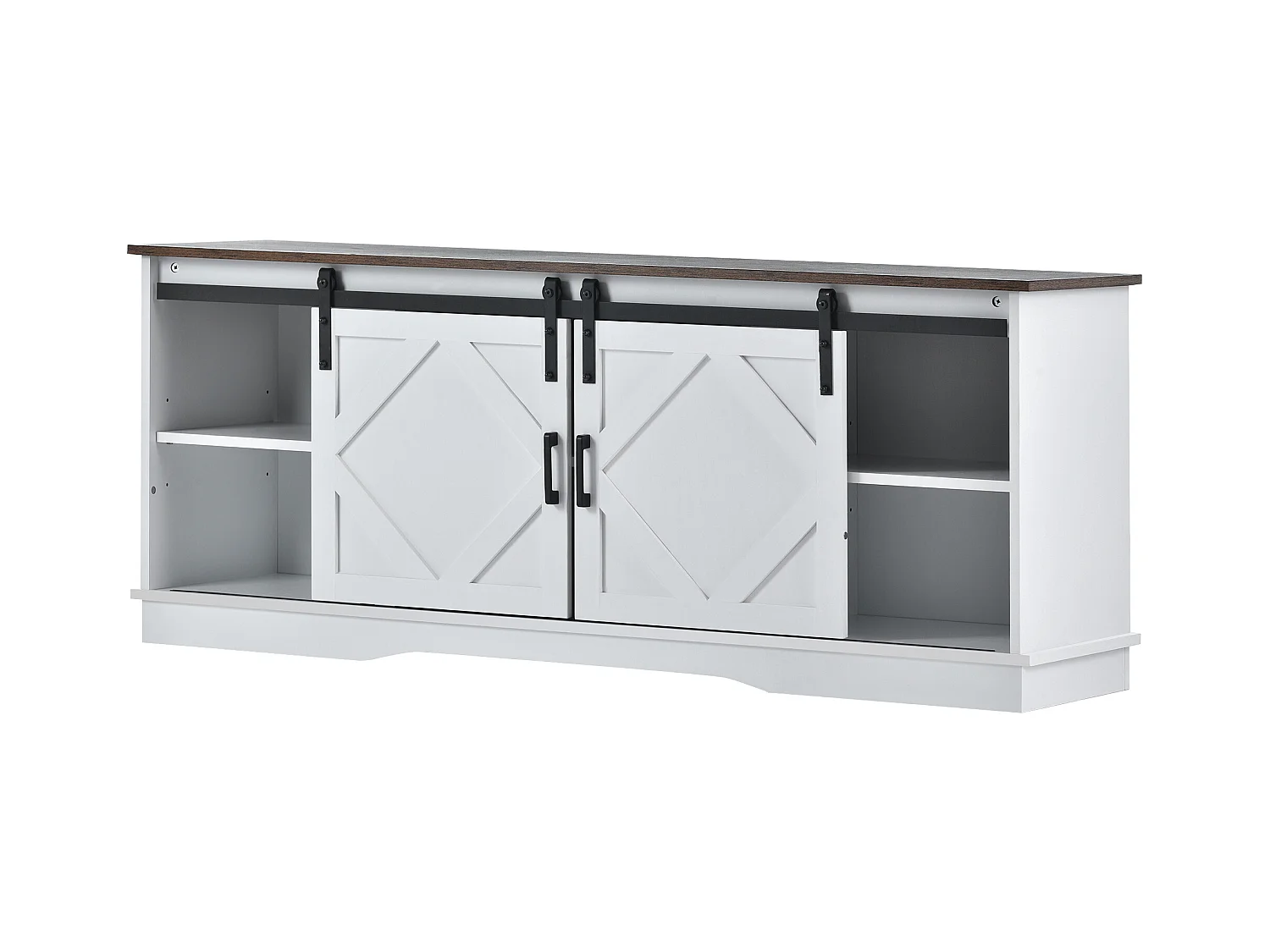 Meuble TV 150x40x60 cm salon 2 portes coulissantes et rangement ouvert en bois - étagères réglables - blanc