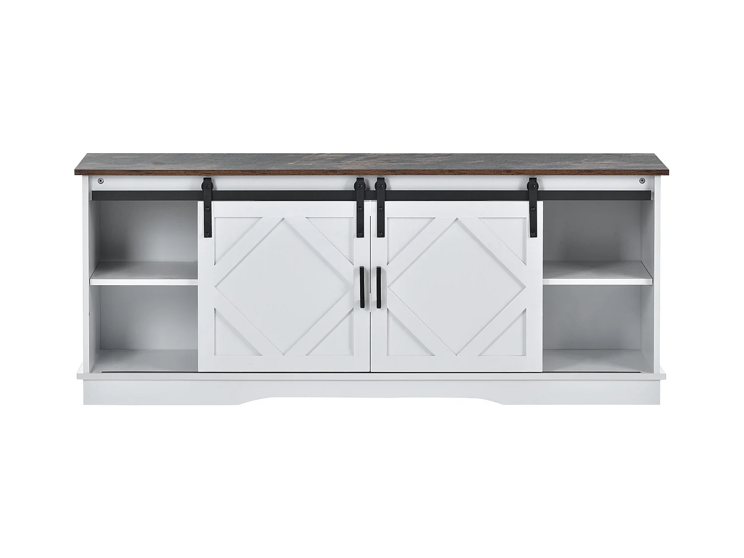 Meuble TV 150x40x60 cm salon 2 portes coulissantes et rangement ouvert en bois - étagères réglables - blanc