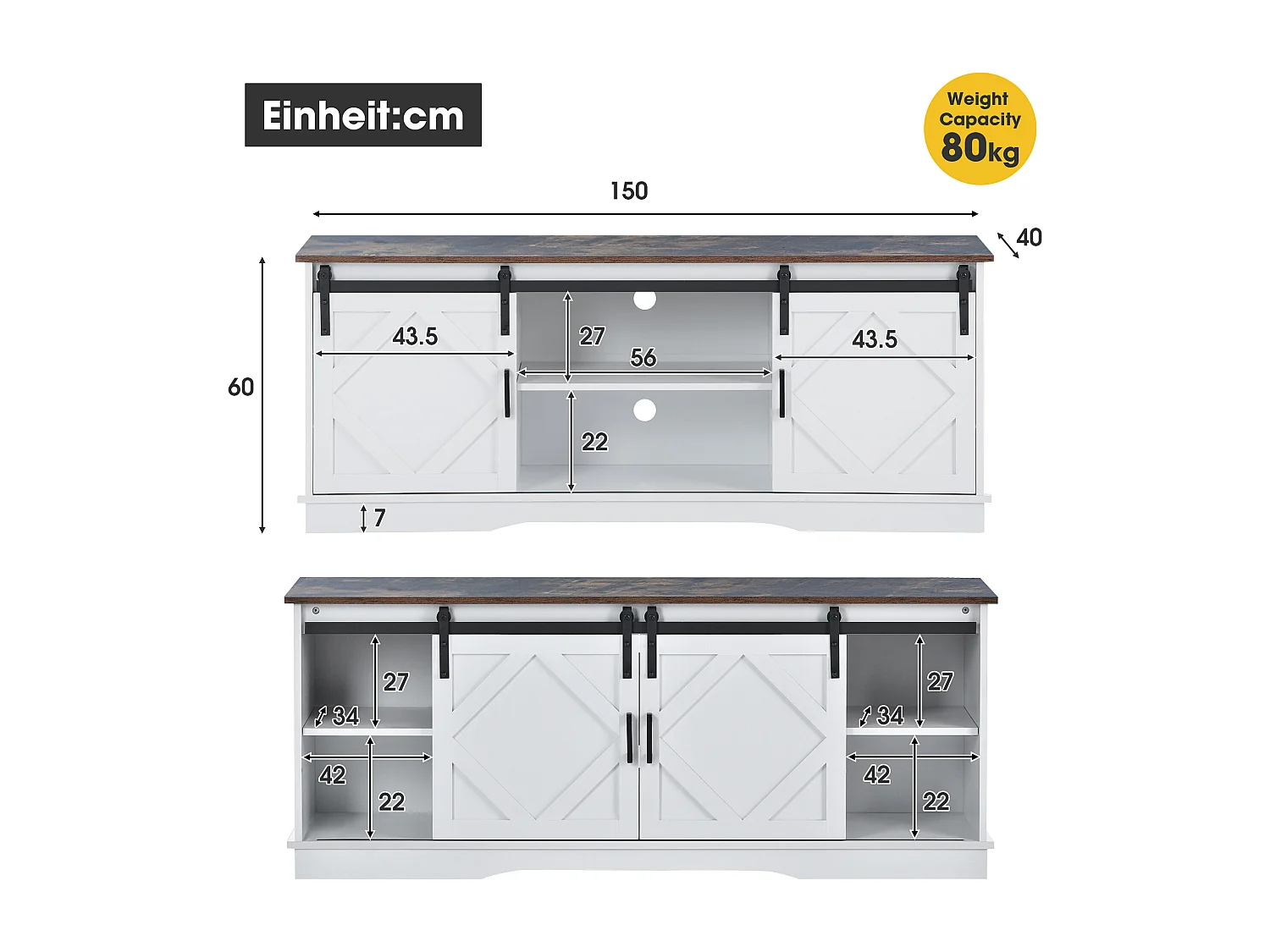Meuble TV 150x40x60 cm salon 2 portes coulissantes et rangement ouvert en bois - étagères réglables - blanc