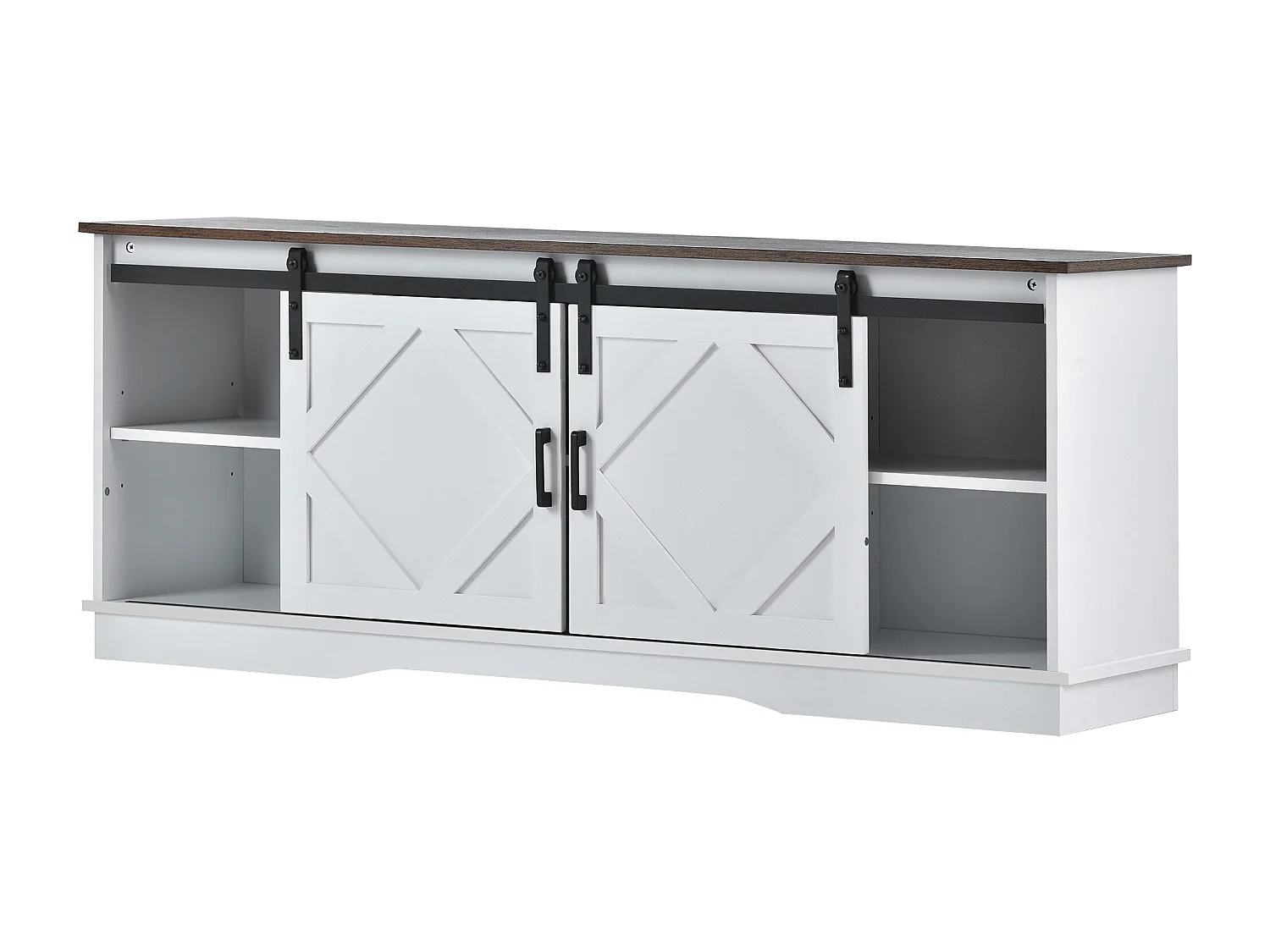 Meuble TV 150x40x60 cm salon 2 portes coulissantes et rangement ouvert en bois - étagères réglables - blanc