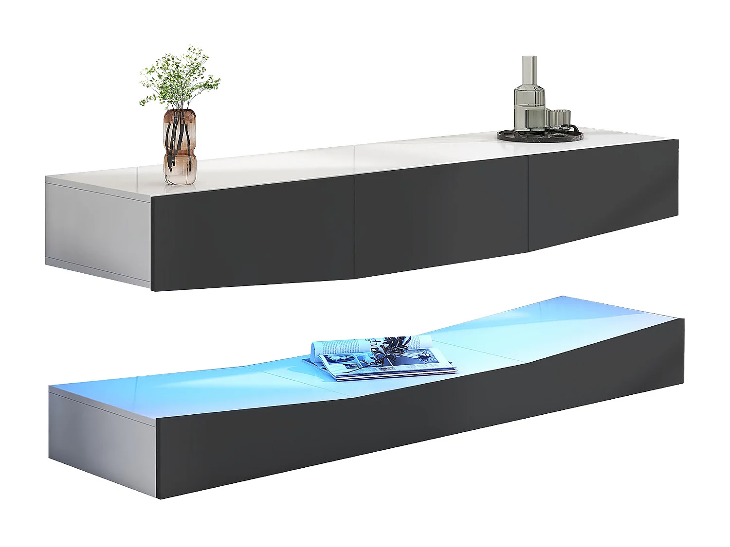 LED houten wandmeubel met 2 kasten, 3 lades en open opbergruimte - grijs (181x40x19 cm)