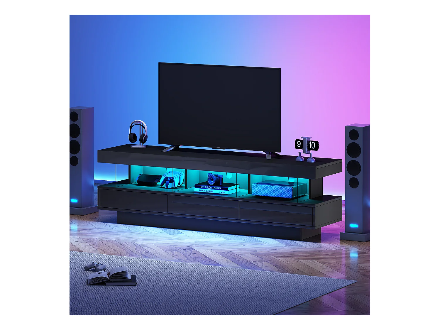 Meuble TV LED salon 3 compartiments en verre 3 tiroirs meuble de rangement en bois - noir (160x38x50.5 cm)