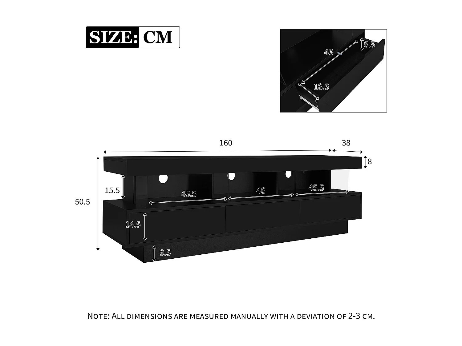 Meuble TV 160x38x50.5 cm LED  3 compartiments en verre 3 tiroirs meuble de rangement en bois - noir