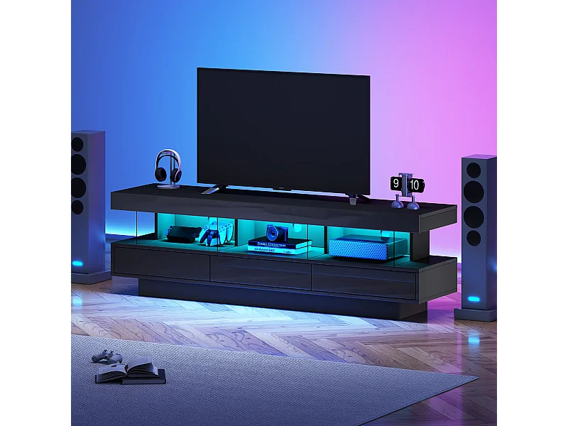 Meuble TV 160x38x50.5 cm LED  3 compartiments en verre 3 tiroirs meuble de rangement en bois - noir