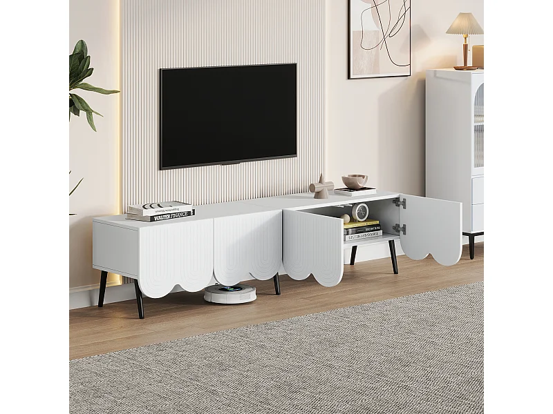 Meuble TV 180x40x45 cm avec 4 portes ondulées meuble de rangement en bois - blanc