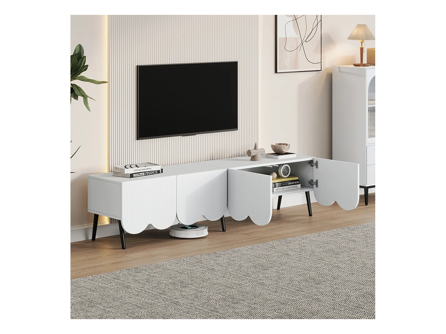 Meuble TV 180x40x45 cm avec 4 portes ondulées meuble de rangement en bois - blanc