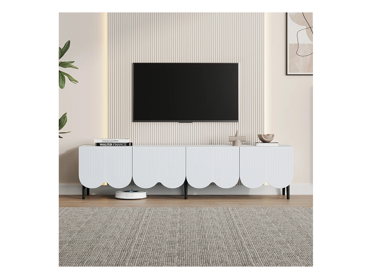 Meuble TV 180x40x45 cm avec 4 portes ondulées meuble de rangement en bois - blanc