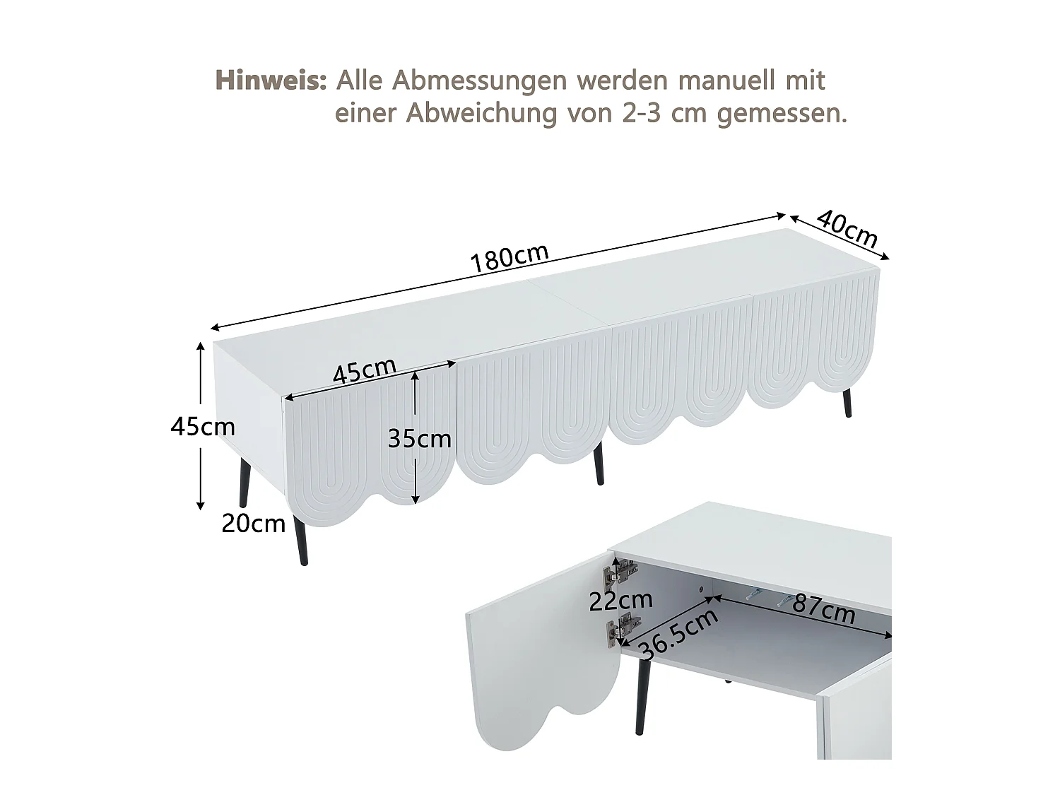 Meuble TV 180x40x45 cm avec 4 portes ondulées meuble de rangement en bois - blanc