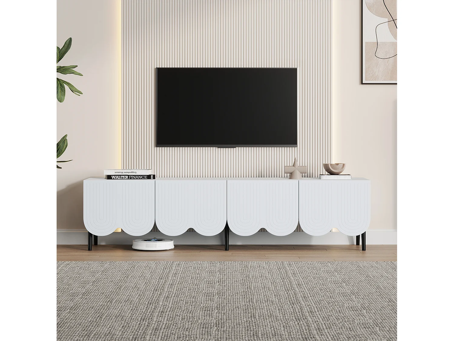 Meuble TV 180x40x45 cm avec 4 portes ondulées meuble de rangement en bois - blanc