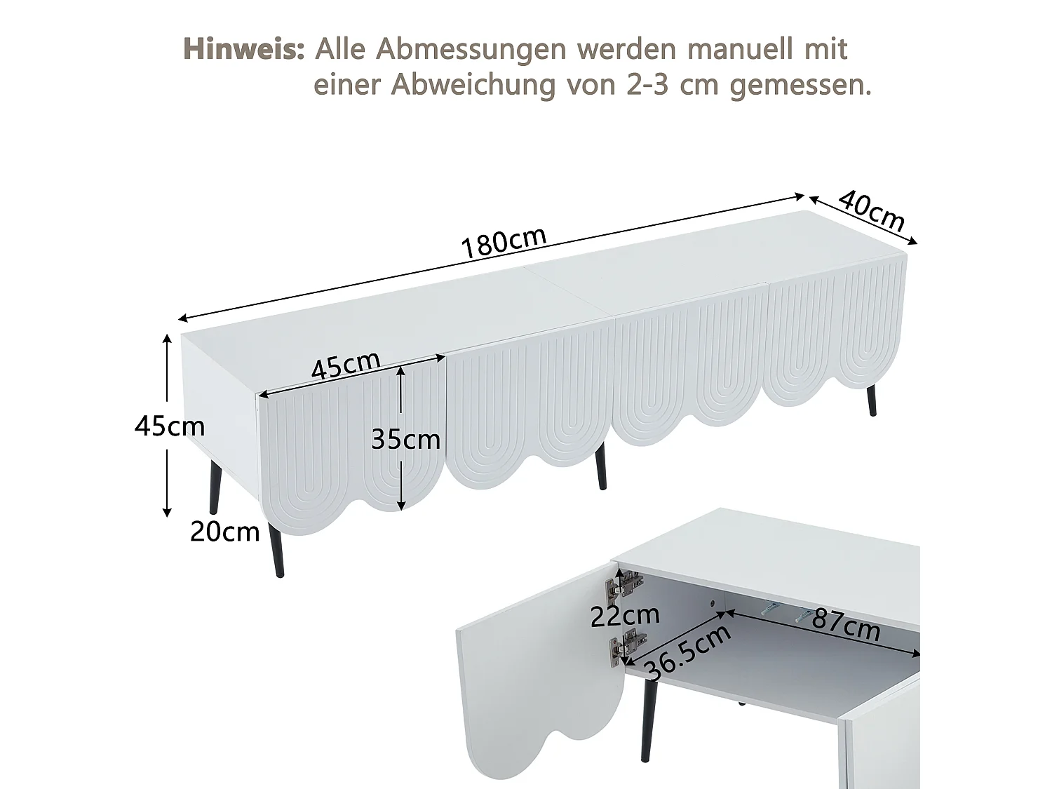 Meuble TV 180x40x45 cm avec 4 portes ondulées meuble de rangement en bois - blanc