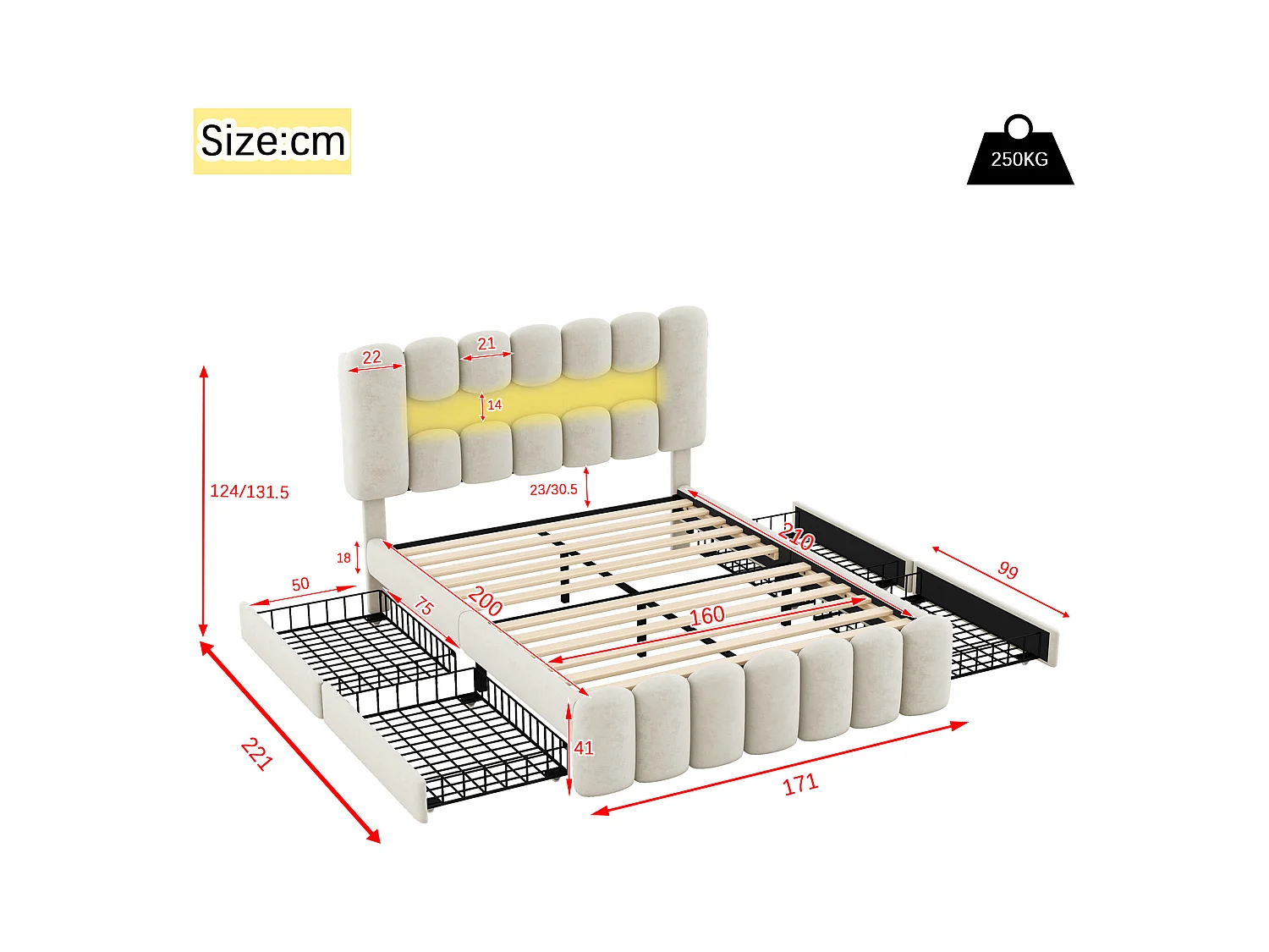 Tweepersoonsbed voor volwassenen 160x200 cm met 3 lades - in hoogte verstelbaar hoofdeinde met USB en LED - fluweel - beige (zonder matras)