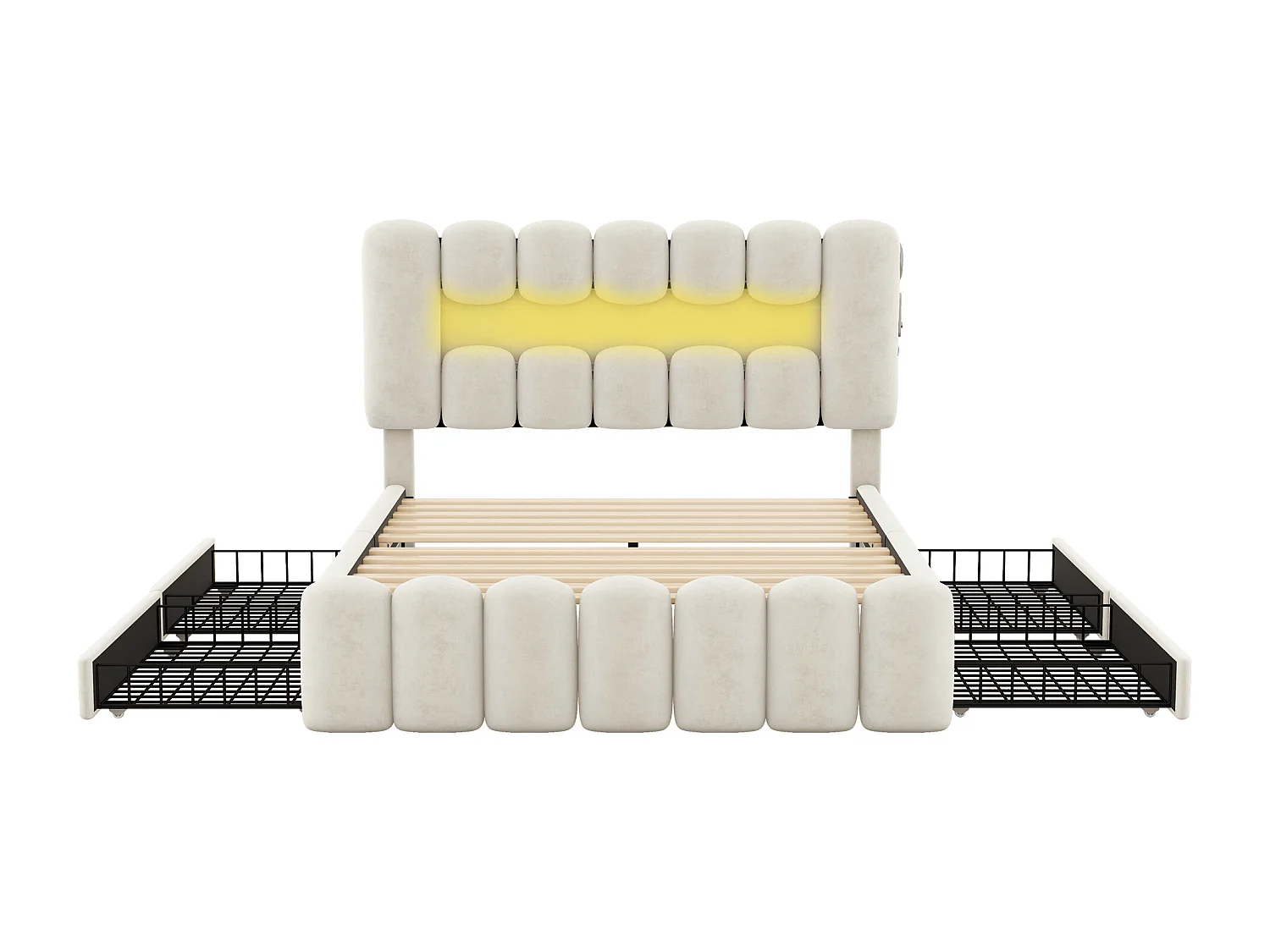 Lit adulte double 160x200 cm avec 3 tiroirs - tête de lit réglable en hauteur avec USB et LED - velours - beige (sans matelas)