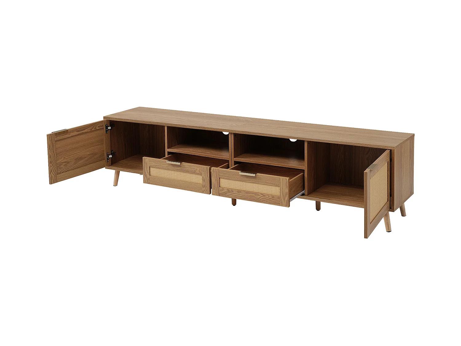 Meuble TV 200x37x48.5 cm salon 2 portes 2 tiroirs en rotin et rangement ouvert en bois - chêne