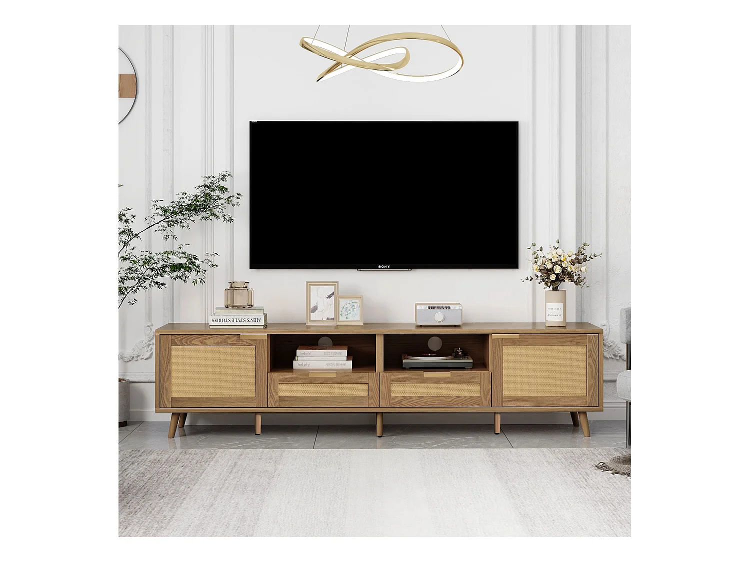 Meuble TV 200x37x48.5 cm salon 2 portes 2 tiroirs en rotin et rangement ouvert en bois - chêne