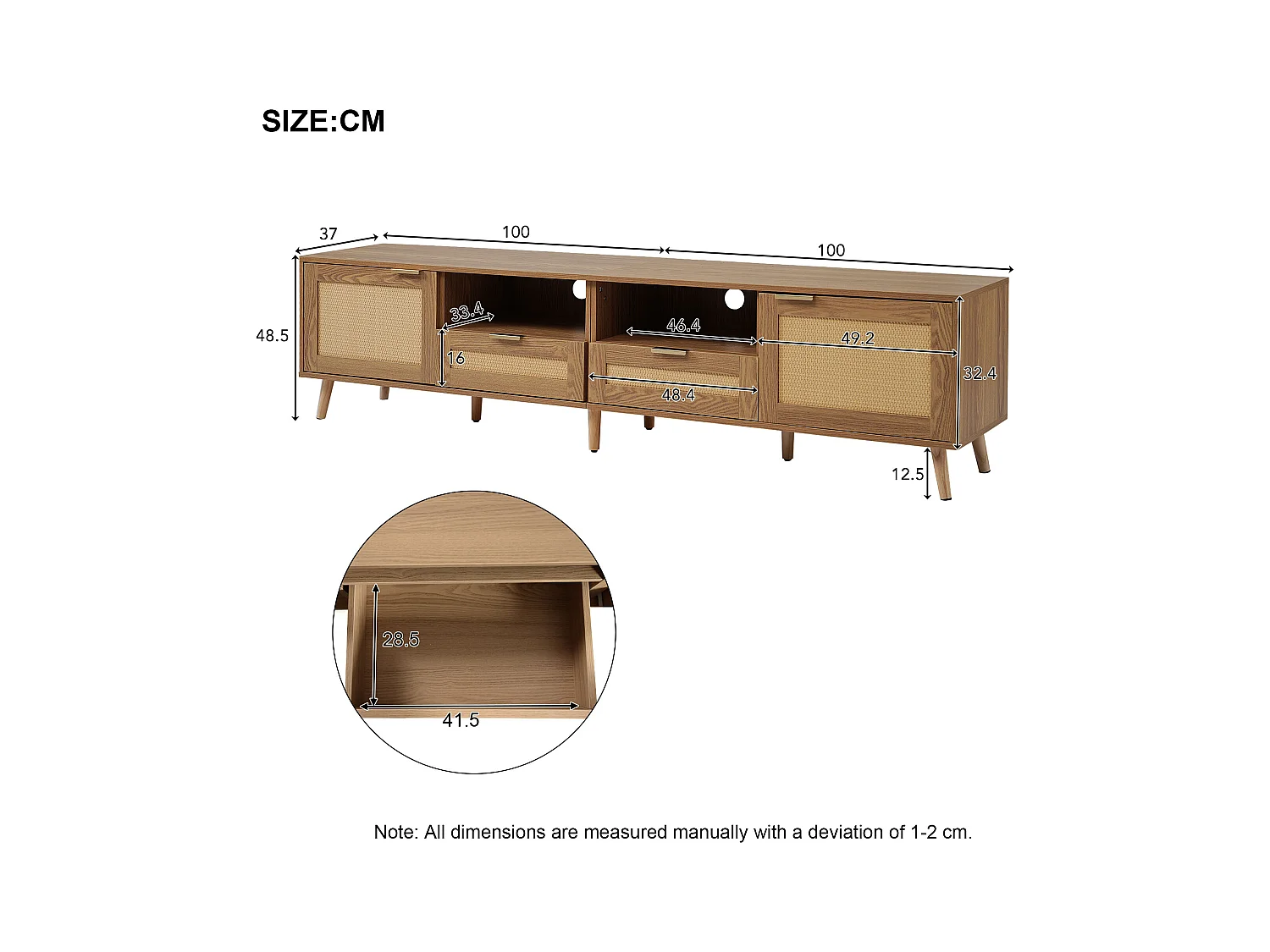 Meuble TV 200x37x48.5 cm salon 2 portes 2 tiroirs en rotin et rangement ouvert en bois - chêne