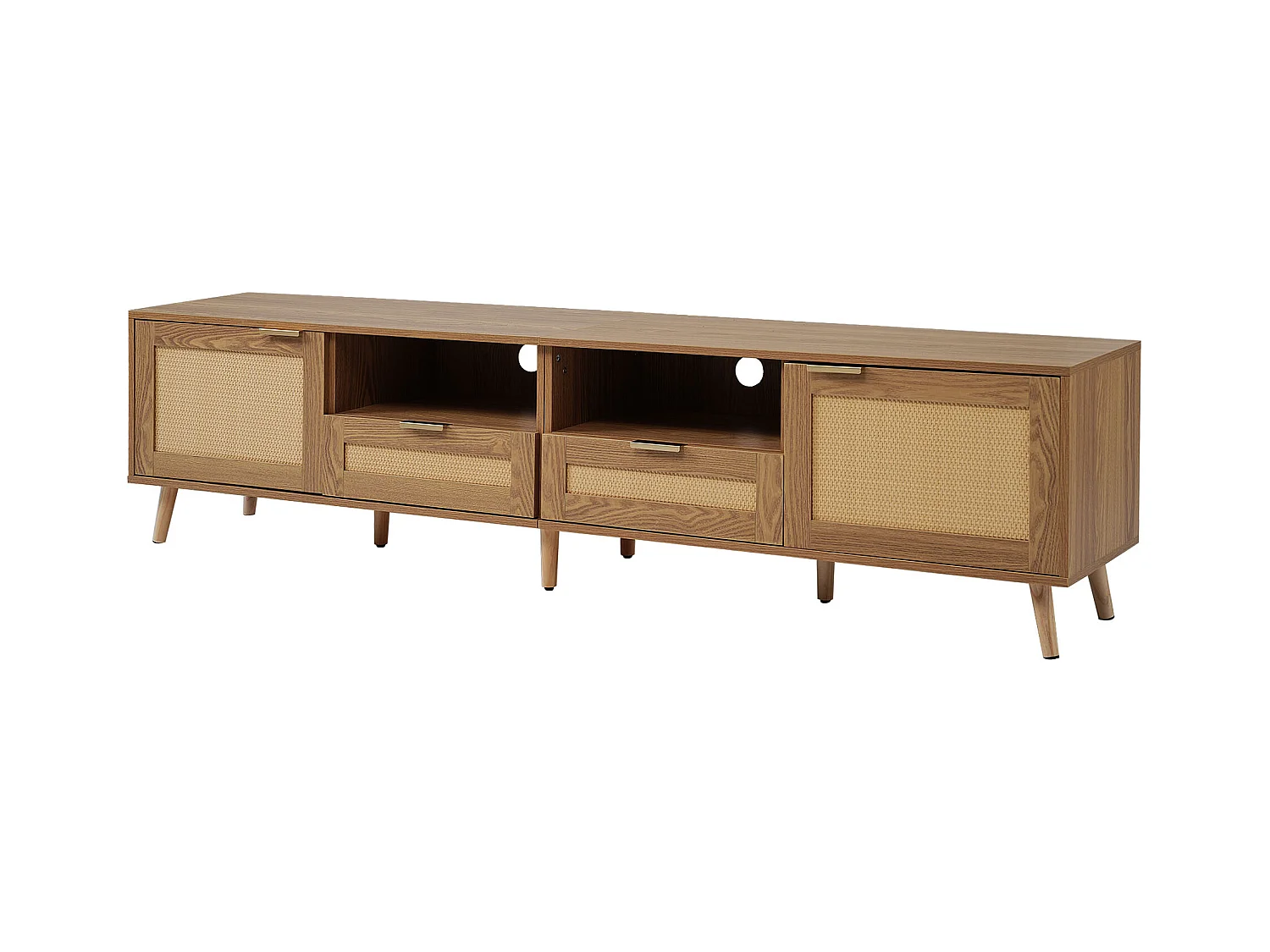 Meuble TV 200x37x48.5 cm salon 2 portes 2 tiroirs en rotin et rangement ouvert en bois - chêne