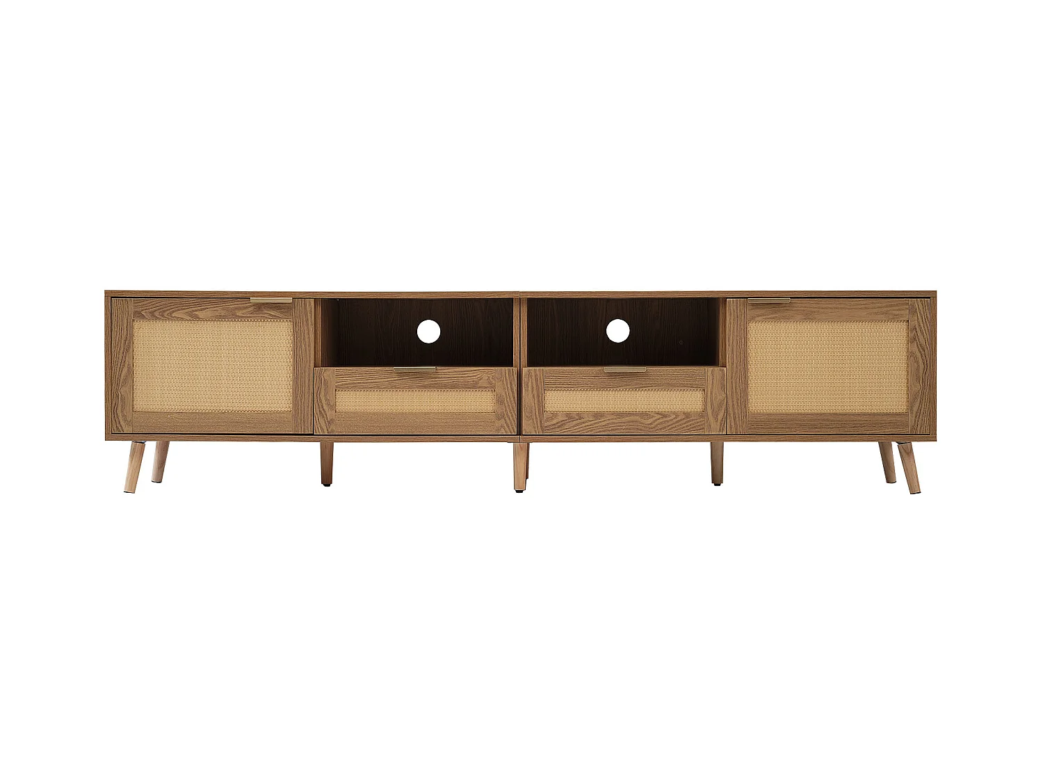 Meuble TV 200x37x48.5 cm salon 2 portes 2 tiroirs en rotin et rangement ouvert en bois - chêne