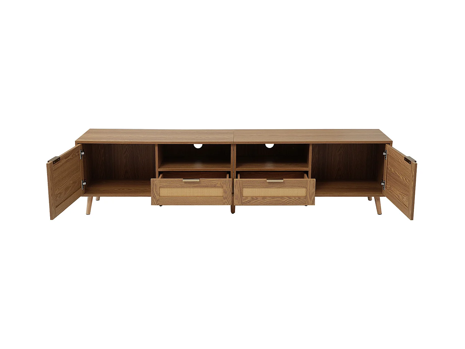 Meuble TV 200x37x48.5 cm salon 2 portes 2 tiroirs en rotin et rangement ouvert en bois - chêne