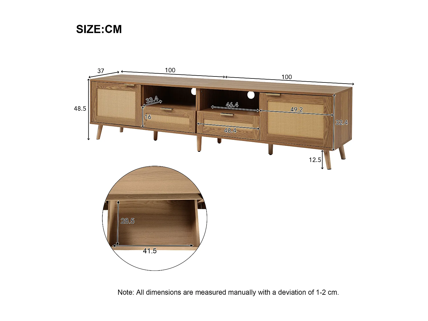 Meuble TV 200x37x48.5 cm salon 2 portes 2 tiroirs en rotin et rangement ouvert en bois - chêne