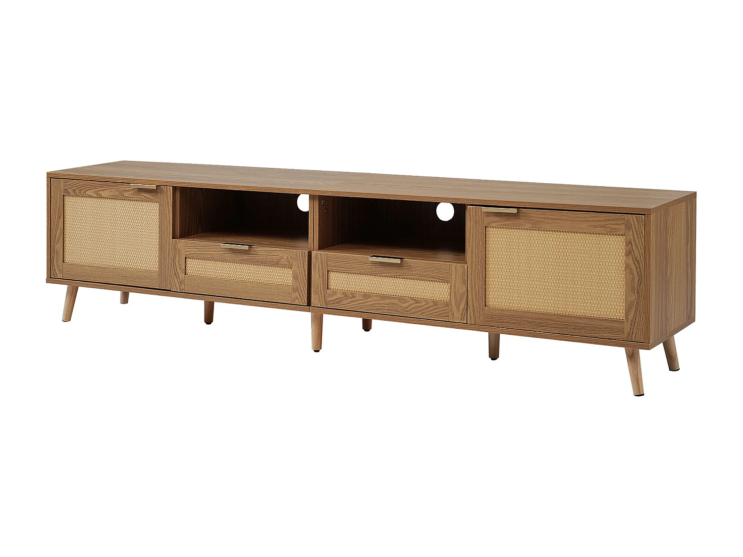 Meuble TV 200x37x48.5 cm salon 2 portes 2 tiroirs en rotin et rangement ouvert en bois - chêne