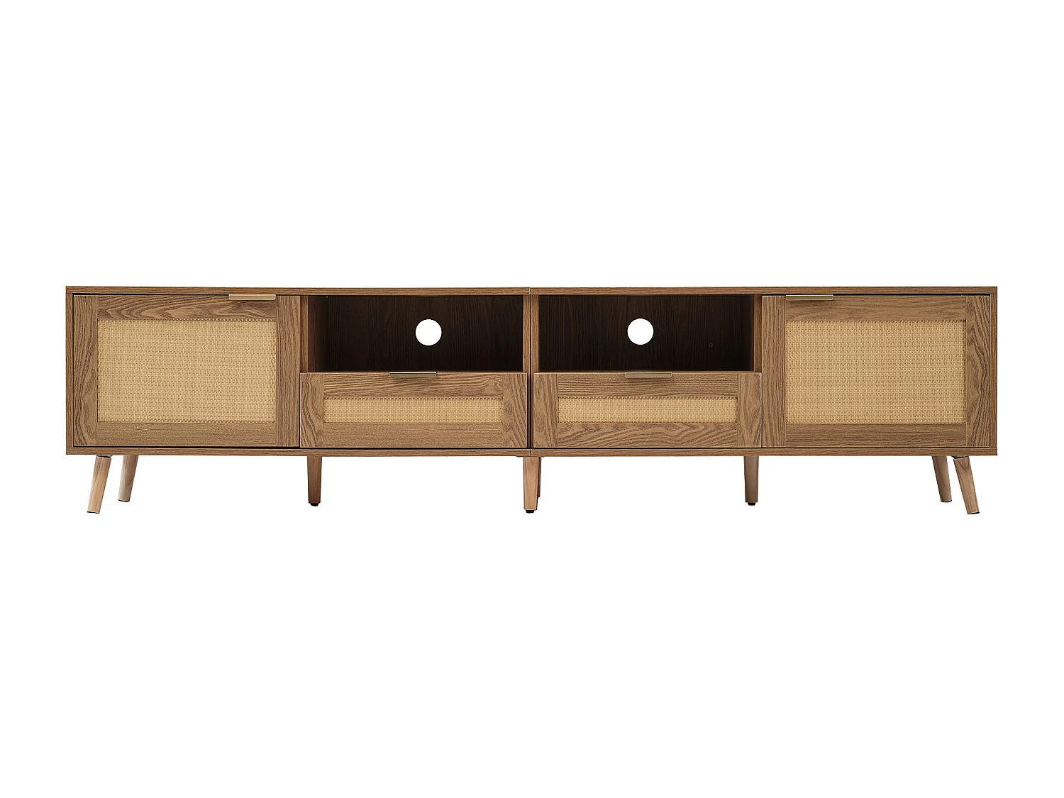 Meuble TV 200x37x48.5 cm salon 2 portes 2 tiroirs en rotin et rangement ouvert en bois - chêne