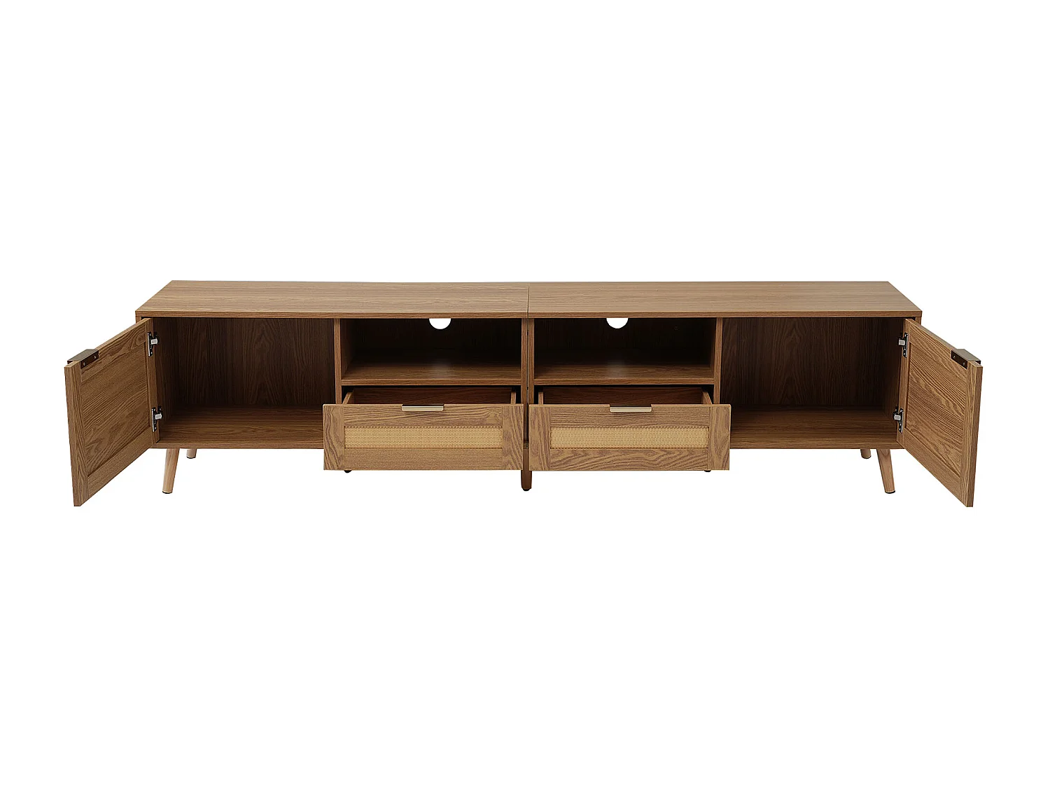 Meuble TV 200x37x48.5 cm salon 2 portes 2 tiroirs en rotin et rangement ouvert en bois - chêne