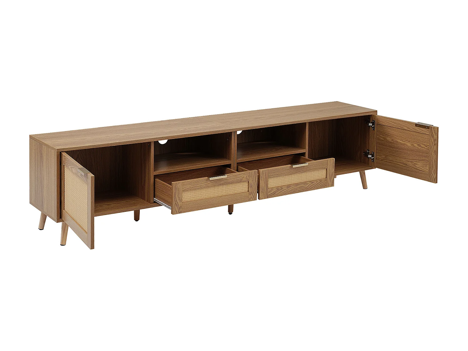 Meuble TV 200x37x48.5 cm salon 2 portes 2 tiroirs en rotin et rangement ouvert en bois - chêne