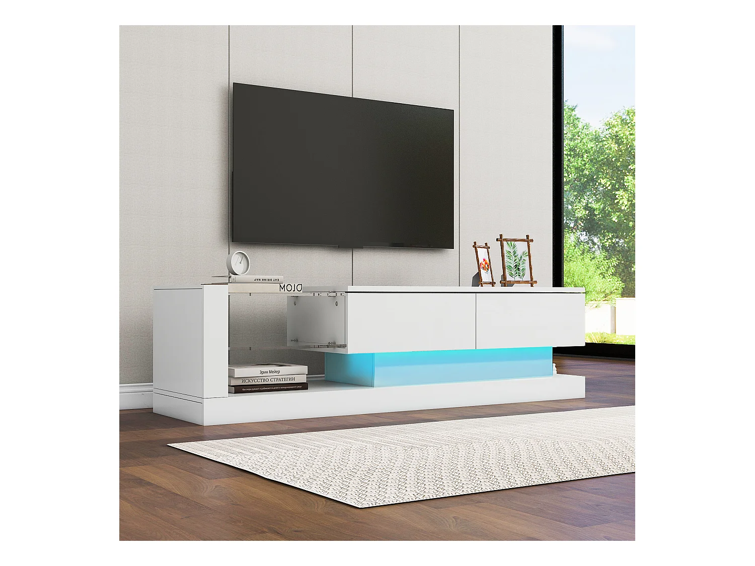 Meuble TV LED bois 2 portes abattantes et rangement ouvert - étagères en verre - blanc (140x38x38 cm)