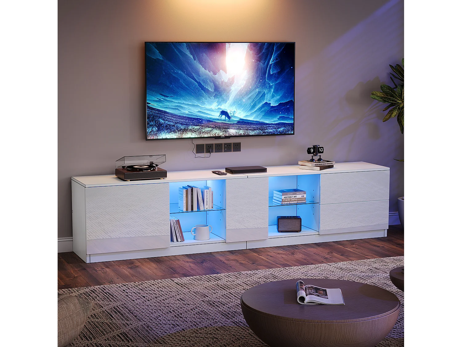 Mobile porta TV LED soggiorno 1 anta 2 cassetti contenitore in legno - ripiani in vetro - bianco (160x40x52 cm)