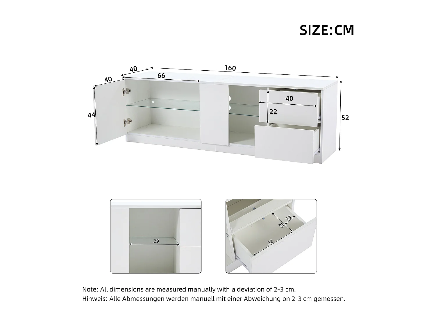 Mobile porta TV LED soggiorno 1 anta 2 cassetti contenitore in legno - ripiani in vetro - bianco (160x40x52 cm)