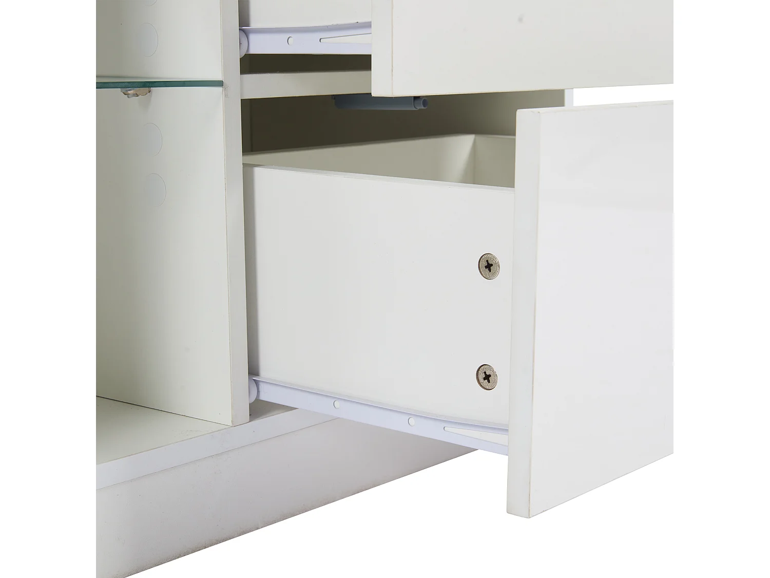 Mobile porta TV LED soggiorno 1 anta 2 cassetti contenitore in legno - ripiani in vetro - bianco (160x40x52 cm)