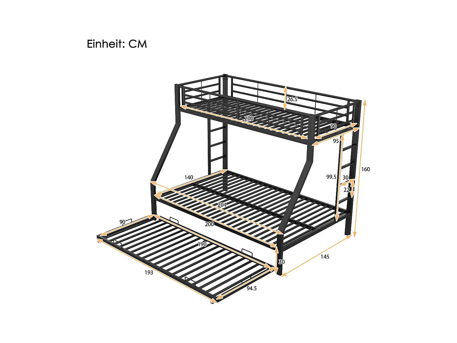 Lit superposé enfant 90(140)x200cm avec lit gigogne - protection anti-chute et éhelle - métal - noir (sans matelas)