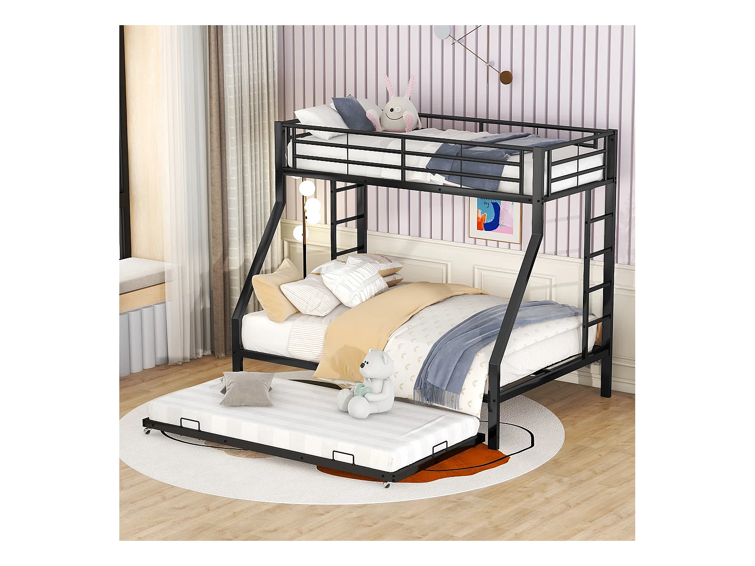 Lit superposé enfant 90(140)x200cm avec lit gigogne - protection anti-chute et éhelle - métal - noir (sans matelas)