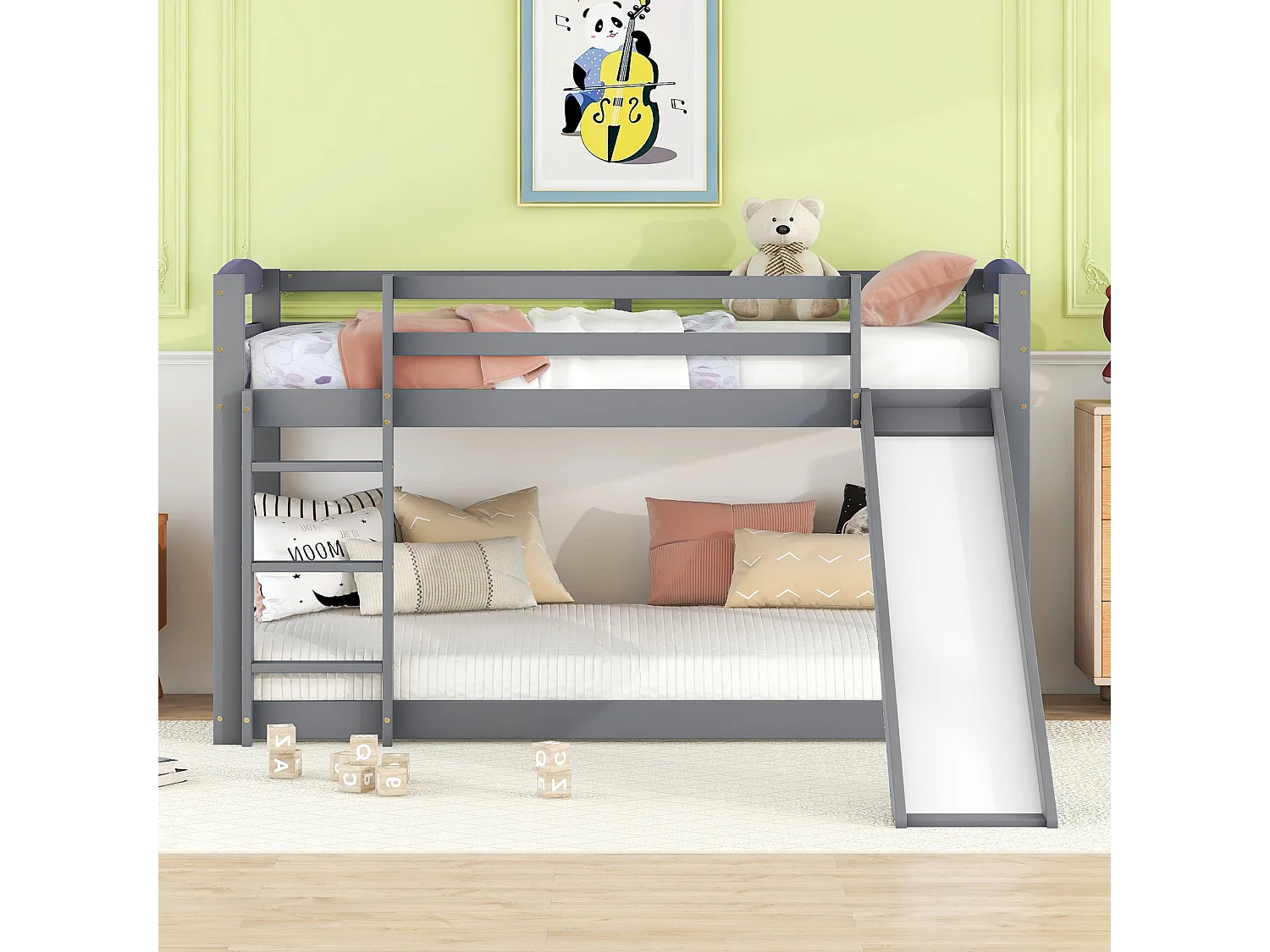 Kinderstapelbed 90x200cm met bodem - valbeveiliging en glijbaan - hout - grijs (zonder matras)