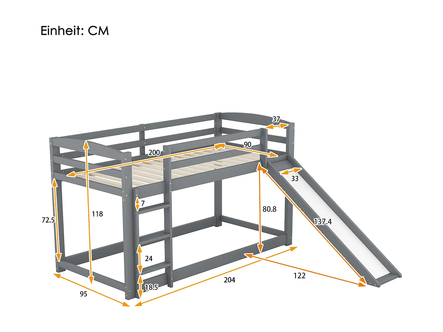 Kinderstapelbed 90x200cm met bodem - valbeveiliging en glijbaan - hout - grijs (zonder matras)